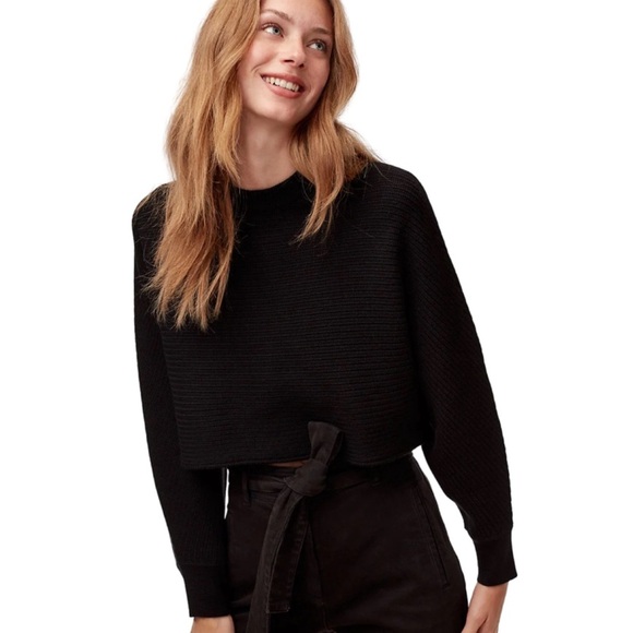 Aritzia Wilfred Free Black Lolan Cropped Knit Sweater 100% Merino Wool Size 2 - Picture 2 of 9